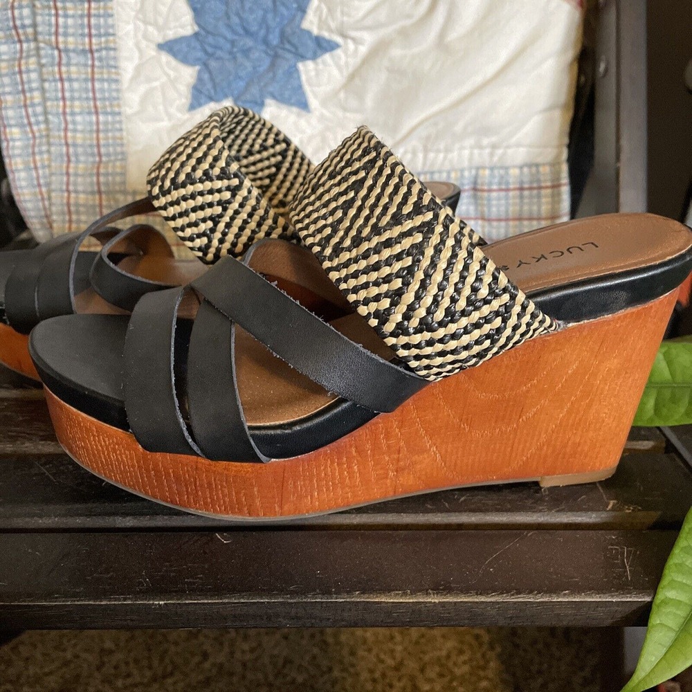 LUCKY BRAND Womens Size 6.5/36.5 Sandals NYLOH Black Leather Woven Strap Wedge - Picture 5 of 6